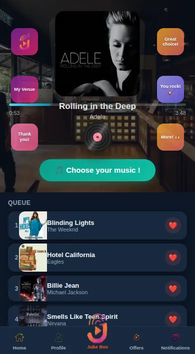 Juke4ME mobile app — after login, the venue home with now playing