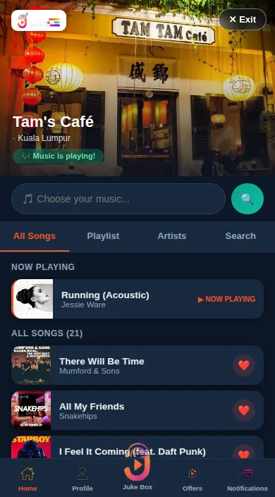 Juke4ME app — now playing at your venue
