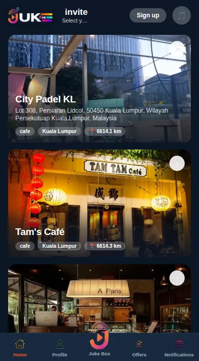 Juke4ME app — choose your current venue